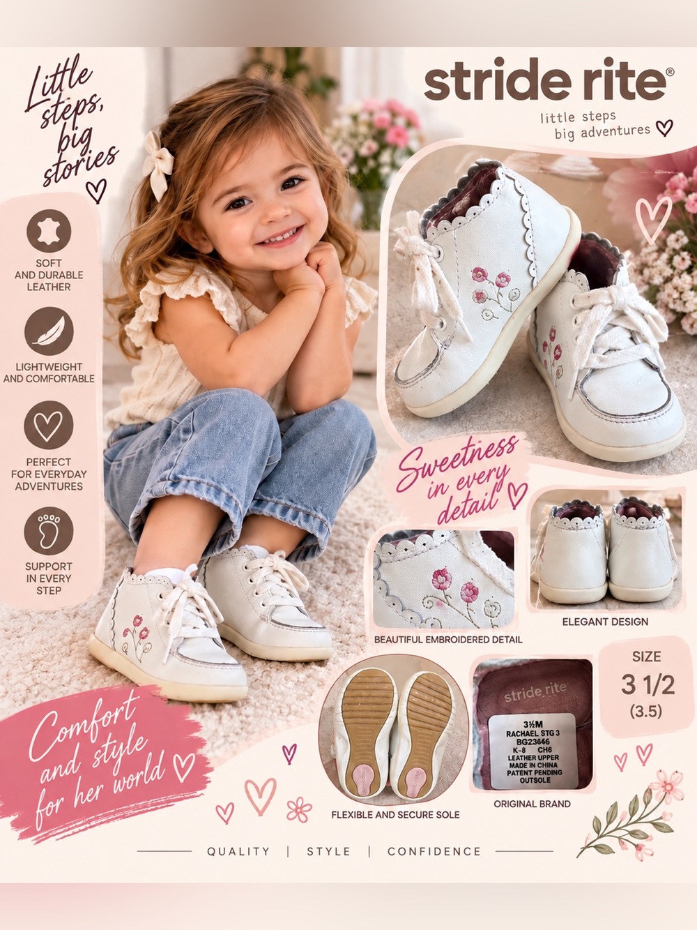 Stride Rite Rachael STG 3 Girls Sneakers Size 3.5M White Pink Leather Floral